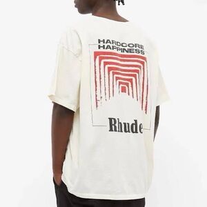 Rhude "HARDCORE HAPPINESS" Beige Short Sleeve T-Shirt Size M